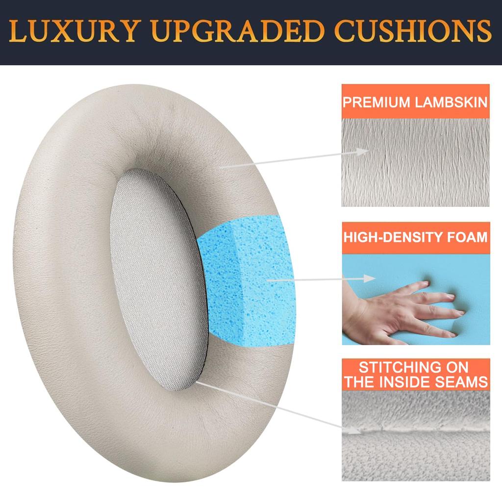SOULWIT Sheepskin Ear Pads for Sony WH-1000XM3 (WH1000XM3) Headset, Replacement Noise-Isolating Ear Cushions, Thick Headphone Pads, Bright Silver