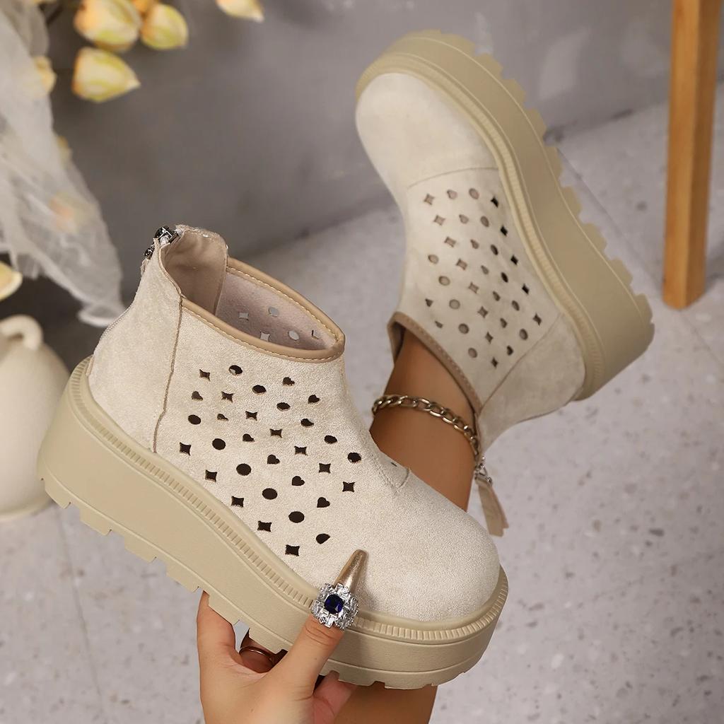 Fashion Summer Women Boots Leather Moccasins Women Platform Flats Women Shoes Ankle Booties Mid Calf Boots Females ZIP Pumps Shoes