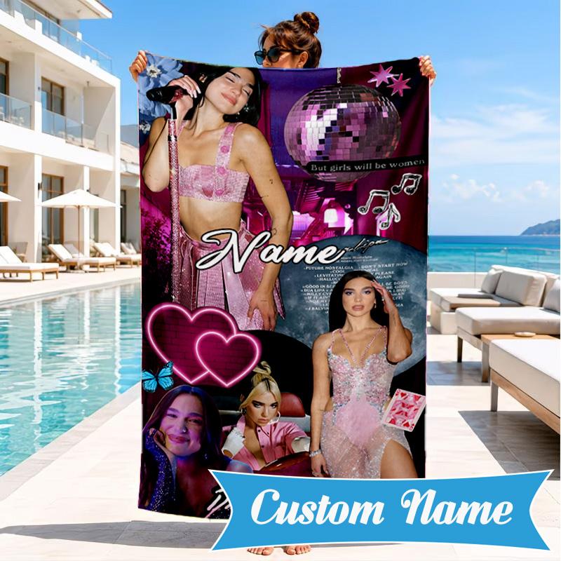 Custom Name Pink Glamour Ay-liva Heart In Space Adventure Microfiber Beach Towel, Lightweight for Summer Travel, Swimming Pool Fan Gift