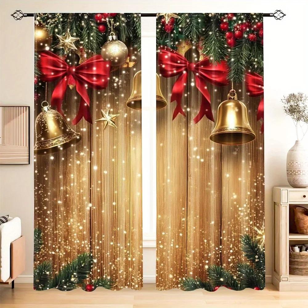 Christmas Bell Drapes Polyester Satin Artistic Classic Design Household Decoration for Livingroom Space and Bedchamber Windowpane Drapes