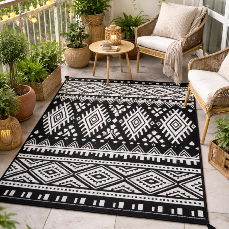 Waterproof Outdoor Patio Carpet 120X180 Black and White Ethno [Dywan13]