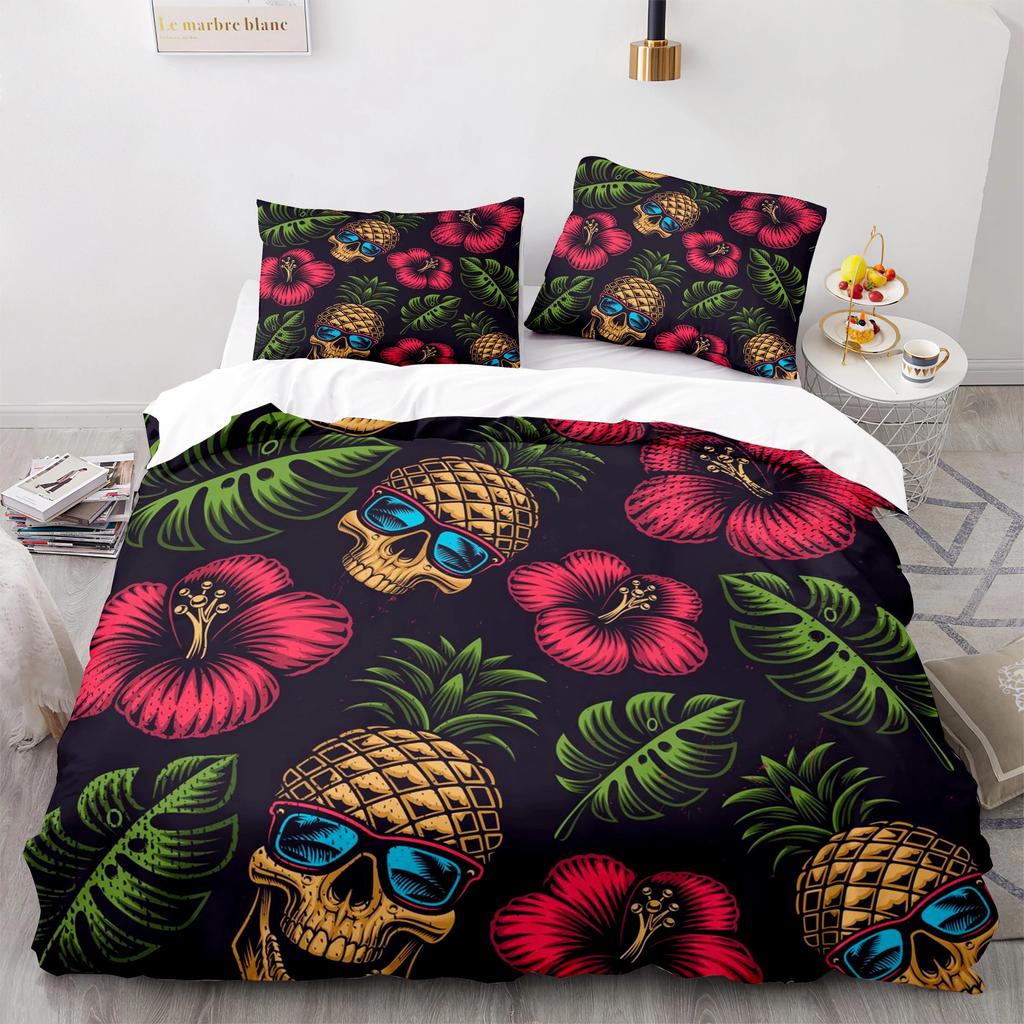 Skull King Queen Bettbezug Gothic Skelett Bettwäsche Set für Erwachsene Jugendliche Personalisiert Halloween Knochen Polyester Steppdeckenbezug