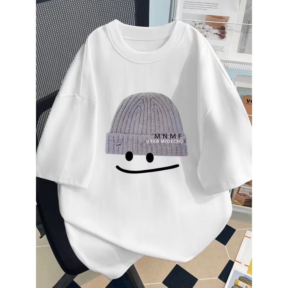 Short Sleeve T-Shirt with Knitted Hat Graphic Design Fashionable Summer Design Slim Fit Cartoon Print Top Men Women Unisex Tops S