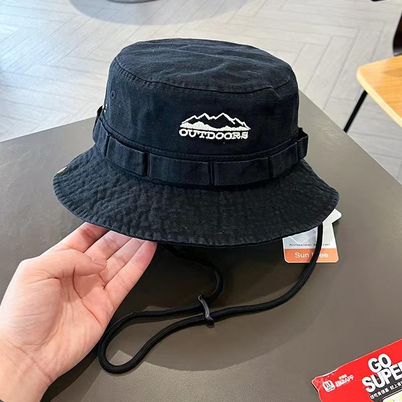 1 Stück Retro-Sonnenhut für Frühling/Sommer, Outdoor-Eimerhut mit Schirm, Unisex, lässige Kappe, Stickerei mit Bergkette, Sonnenschutz, Fischerhut