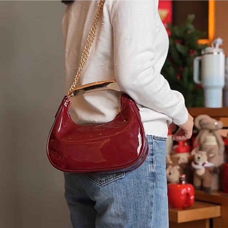 Retro Red Patent Leather Shoulder Bag Women's Metal-handled Handbag Designer Crescent-shaped Bag New Stylish Chain Crossbody Bag