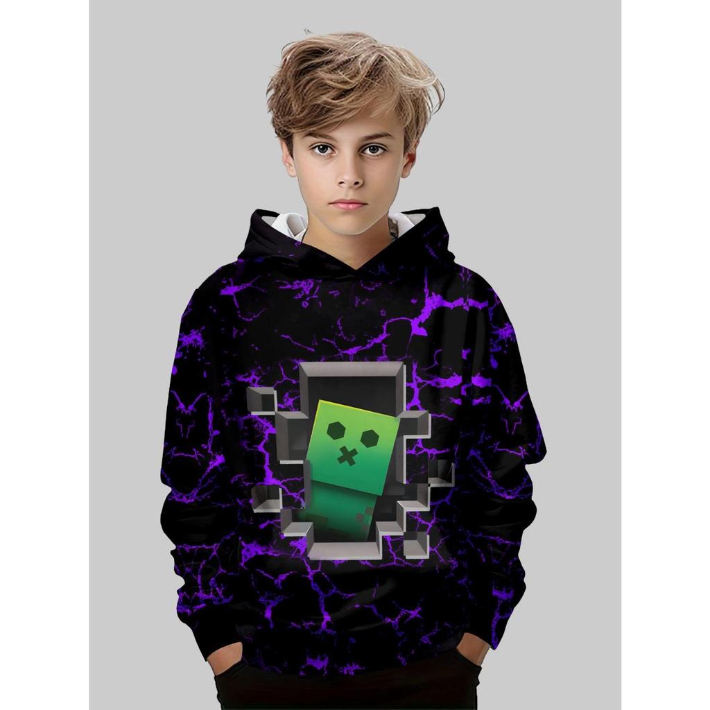 Children's clothing, boys' creative 3D printed hooded sweatshirt, boys' casual sports long sleeved hooded top