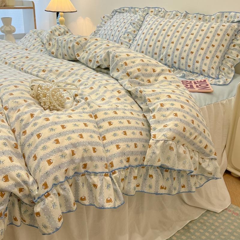 Sweet Flower Printed Bed Skirt Bedding Set Skin Friendly Cotton Nude Sleeping Comforter Set Class-A Twin Single Home Textile