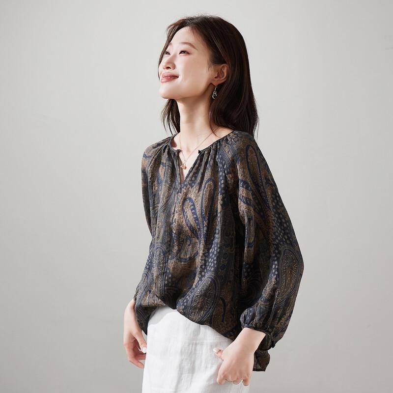 SOFSIL Women s Retro Printed V-Neck Lantern Sleeve Shirt L