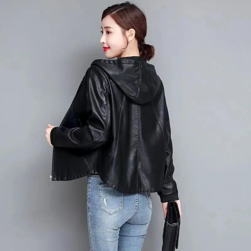 Women Spring Autumn Casual PU Leather Jacket Hooded Zipper Short Outerwear