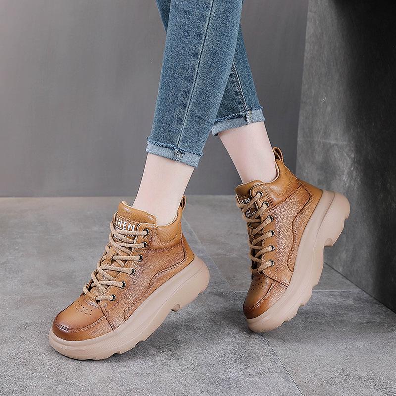 Dame Vintage Kuskinn Høye Ankelstøvletter med Tykk Såle og Rund Tå - Høst/Vinter Kolleksjon.