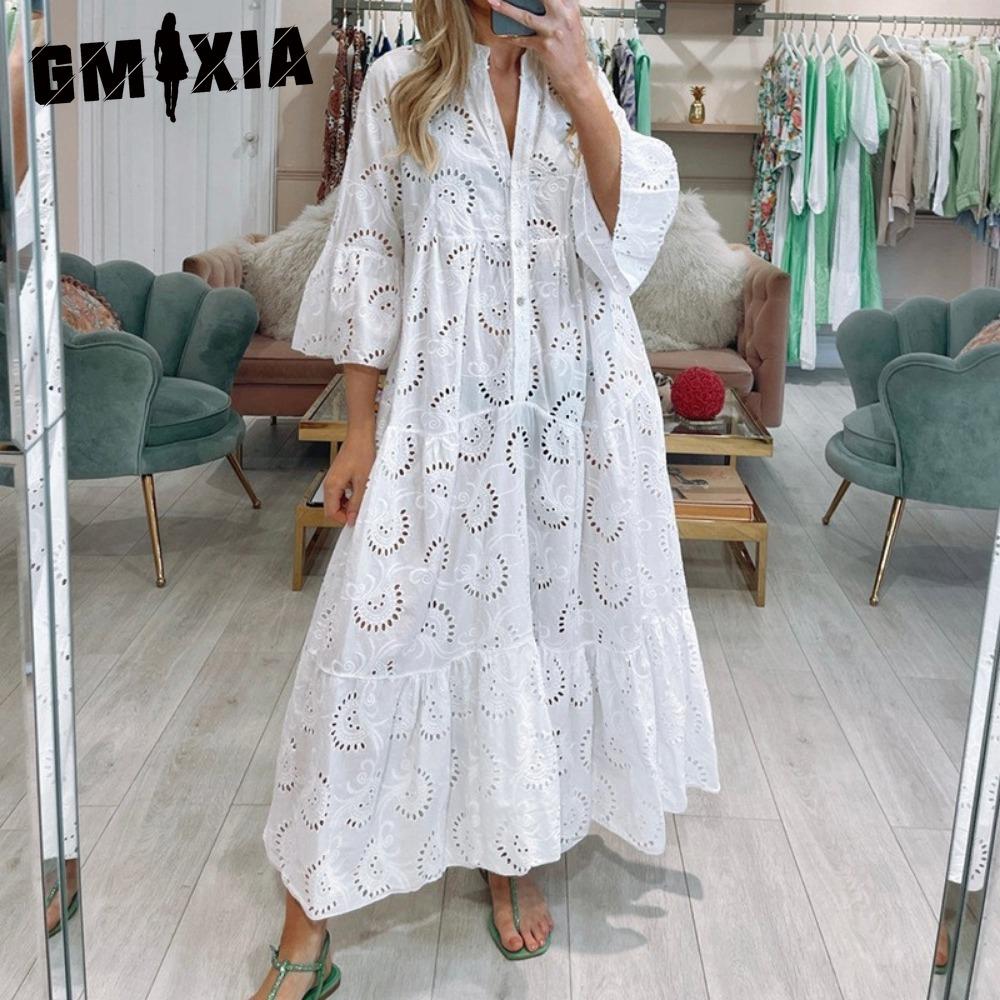 GMXIA 8 Colors S-5XL Women's Fashion Summer Spring Solid Color Print 3/4 Sleeve V-Neck Casual Dresses