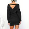 Women Fashion Casual Color Color Open Back Waistband Cross V-neck Bag Hip Slim-fit Knee-length Long-sleeved Dress