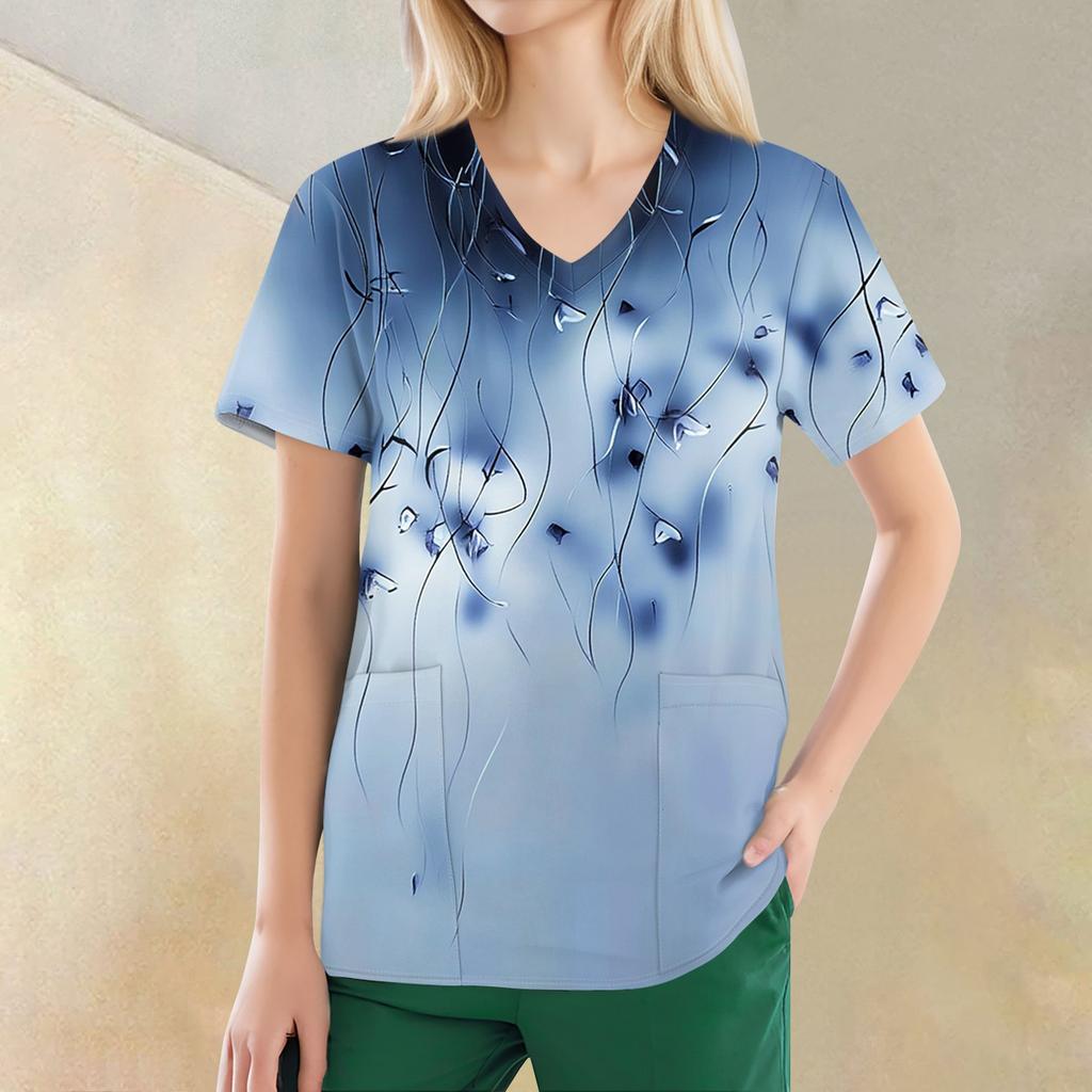 Tops estampados casuais da moda com decote em V feminino e roupas de trabalho protetoras