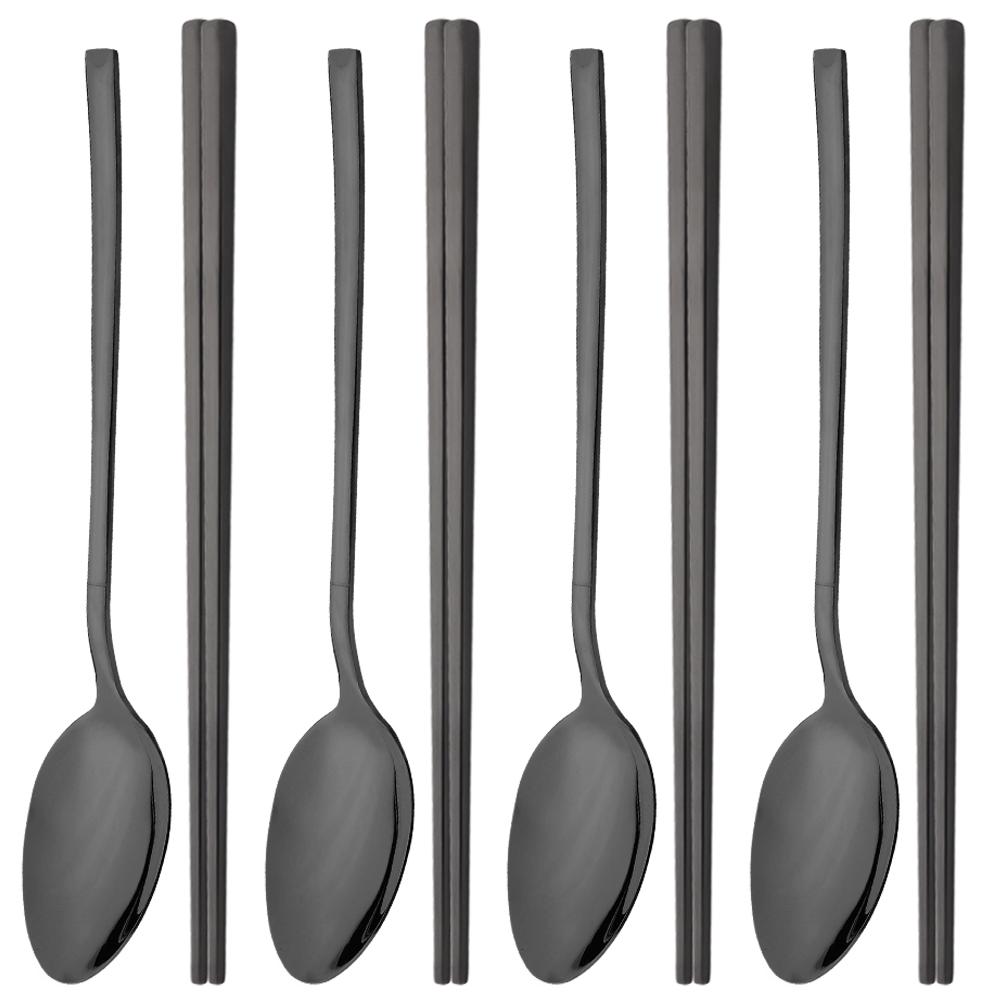 Gold Stainless Steel Cutlery Set Sushi Sticks Dinner Spoons Set 8Pcs Dinnerware Korean Chopsticks Dessert Spoon Flatware Set