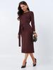 Women's New Style Office Slim Fit Turtleneck V-Neck Ruched Hem Long Sleeve Midi Dress