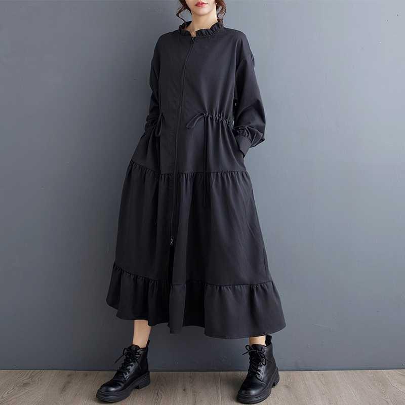 New Loose Retro Fashion Pleated Splicing Mid-Length Zipper Style Dresses
