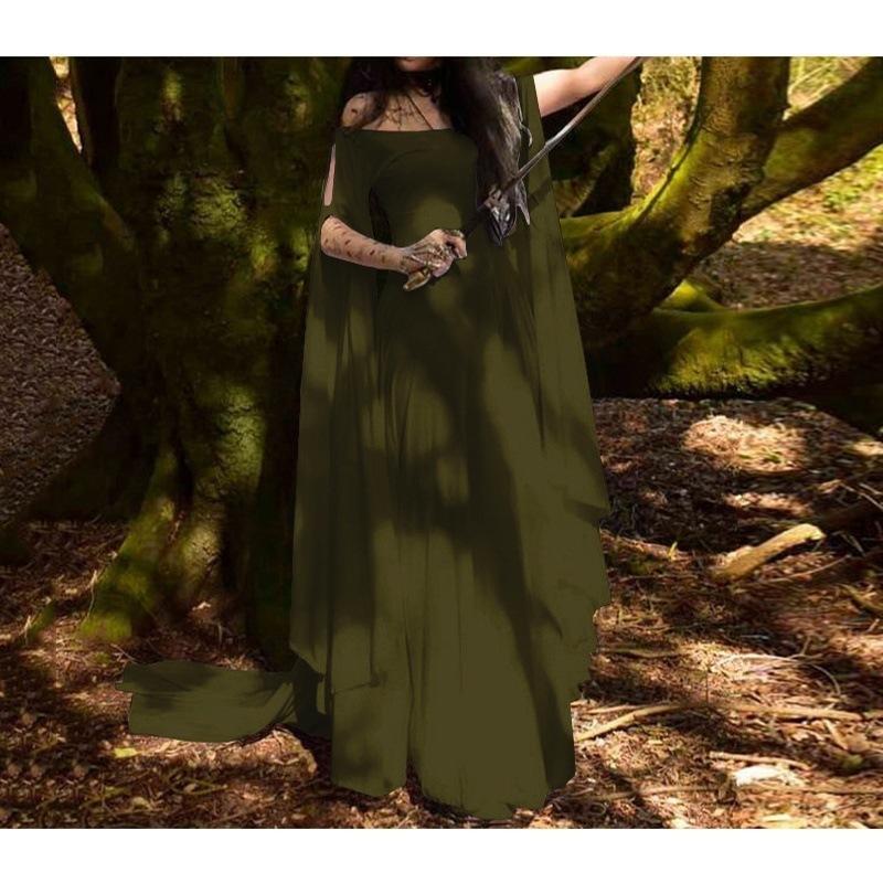 Vestido Largo Maxi de Mujer Hombros Descubiertos Manga Larga Ajustado Cintura Alta Elfo Hada Liso Gasa Vintage Disfraz de Cosplay de Halloween Vestido