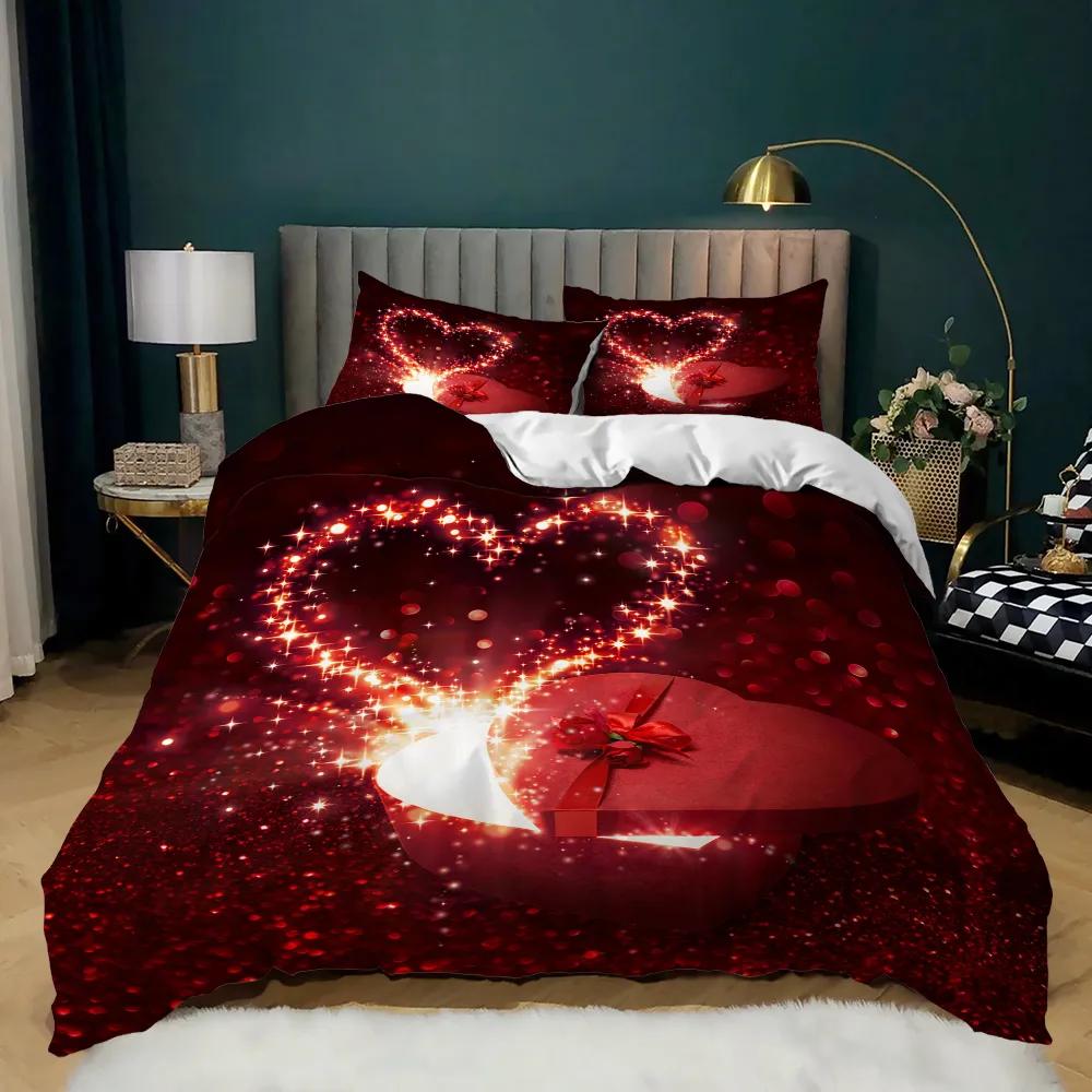 Love Heart Duvet Cover Red Purple Rose Flower Bedding Set Duvet Cover Comforter Valentine's Day Present Couple Lover Bedroom