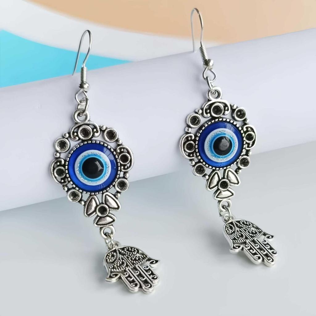Bohemian Blue Evil Eye & Fatima Hand Drop Earrings