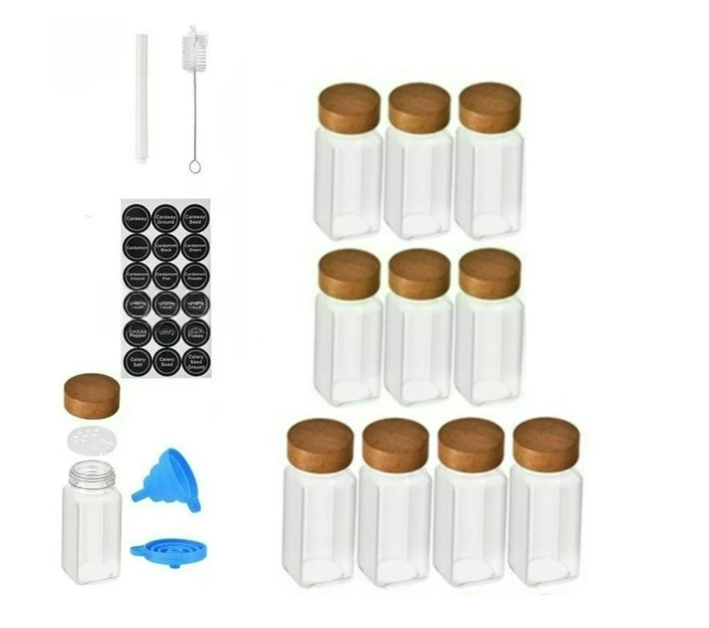 Glass Spice Jars with Labels- Wood Lid Square Spice Containers with brush Lids &Funnel,Seasoning Jars for Rack Cabinet Drawer