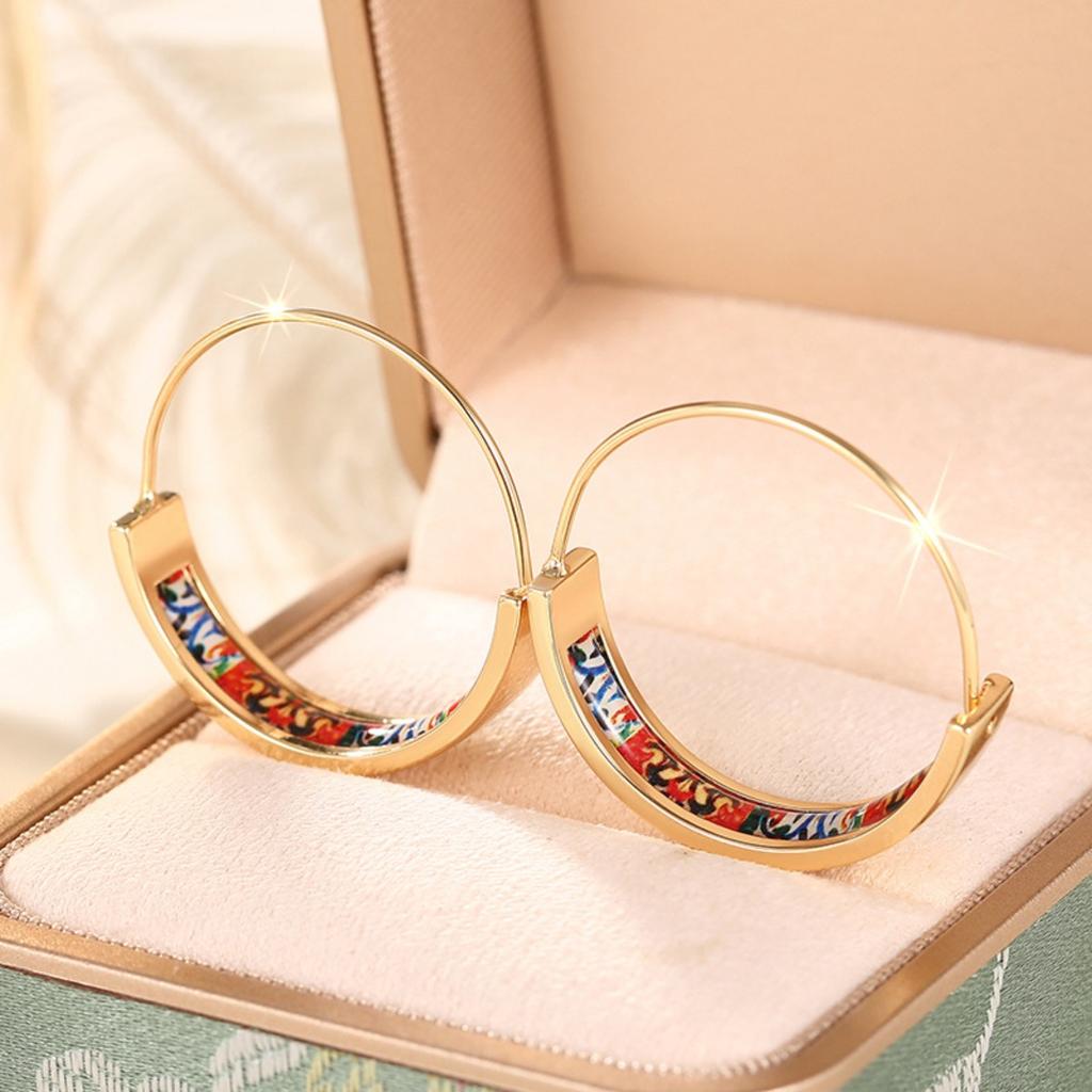 Colorful Floral Enamel Hoop Earrings Bohemian Ethnic Style Women Jewelry