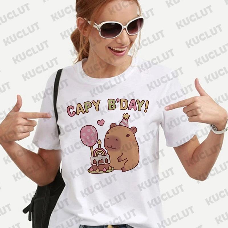 Woman Clothing Japanese Style Cute Capybara Print Tees Shirt Fashion Female Clothes T-Shirts Funny Animal Graphic Y2k Tops