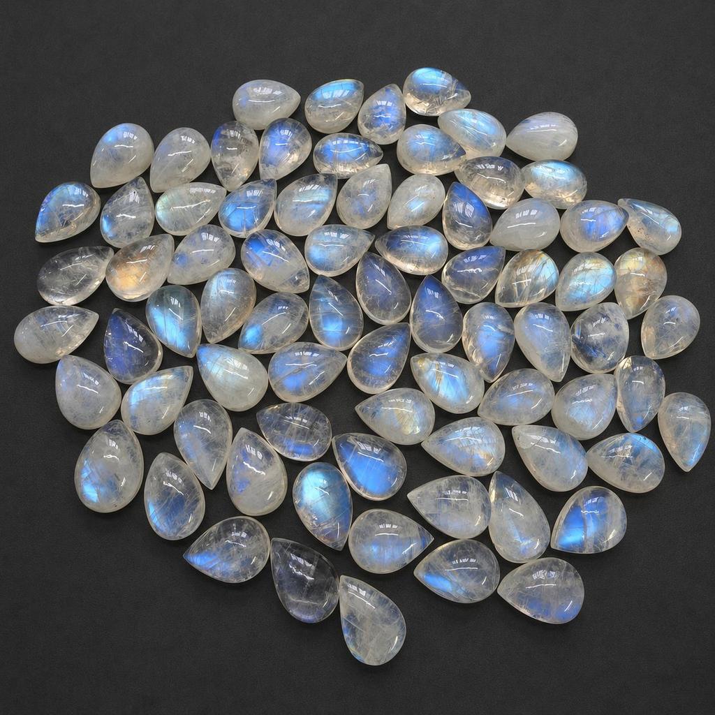 AAA+ Rainbow Moonstone Teardrop Flat Back Cabochon | Calibrated Pear Loose Gemstone for Jewelry Making & Wholesale