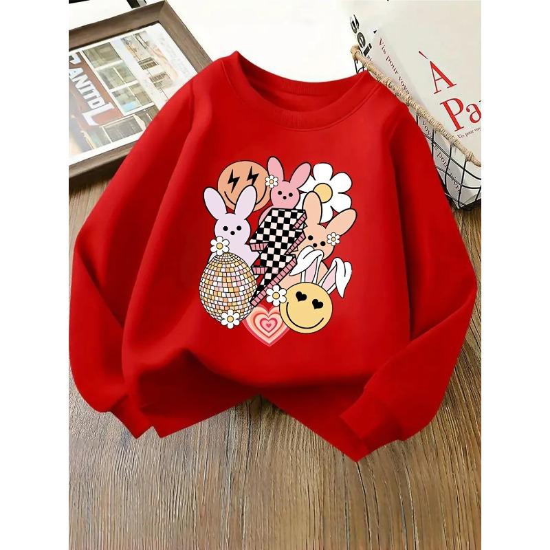 European sizes Kids' Crewneck Sweatshirt - Bunny Faces Joyful Heart Flower , Sportswear And Casual Wear, Soft And Comfortable, Children's Clothing