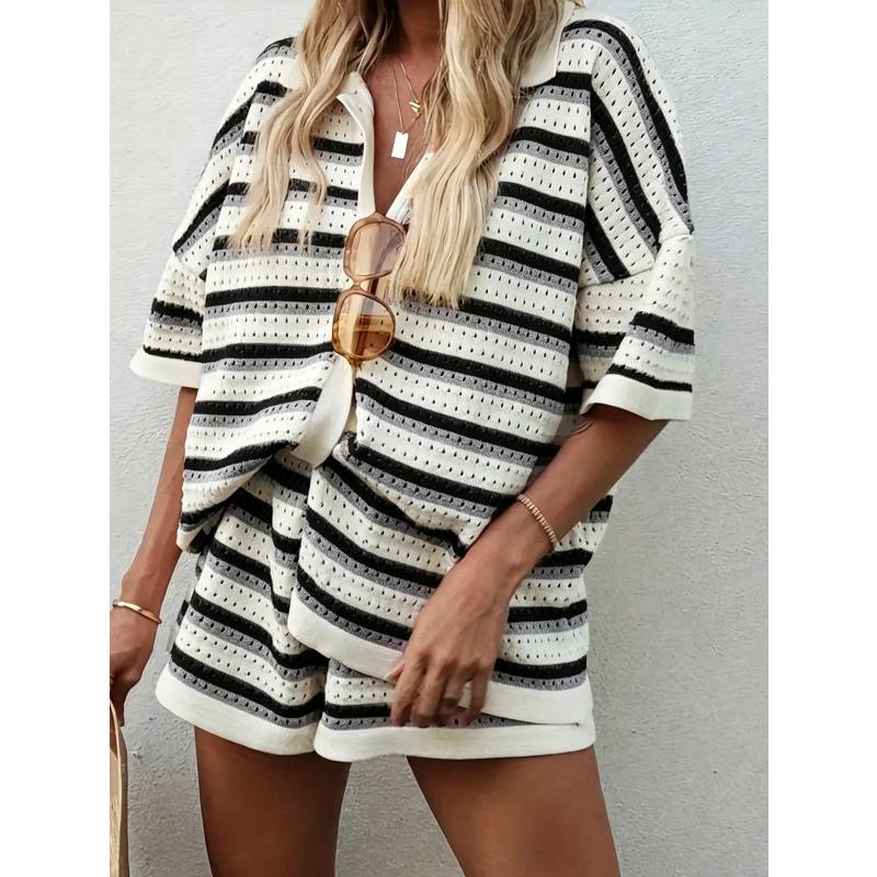Completo a 2 pezzi in maglia a righe da donna, casual, con polo a maniche corte e set di pantaloncini