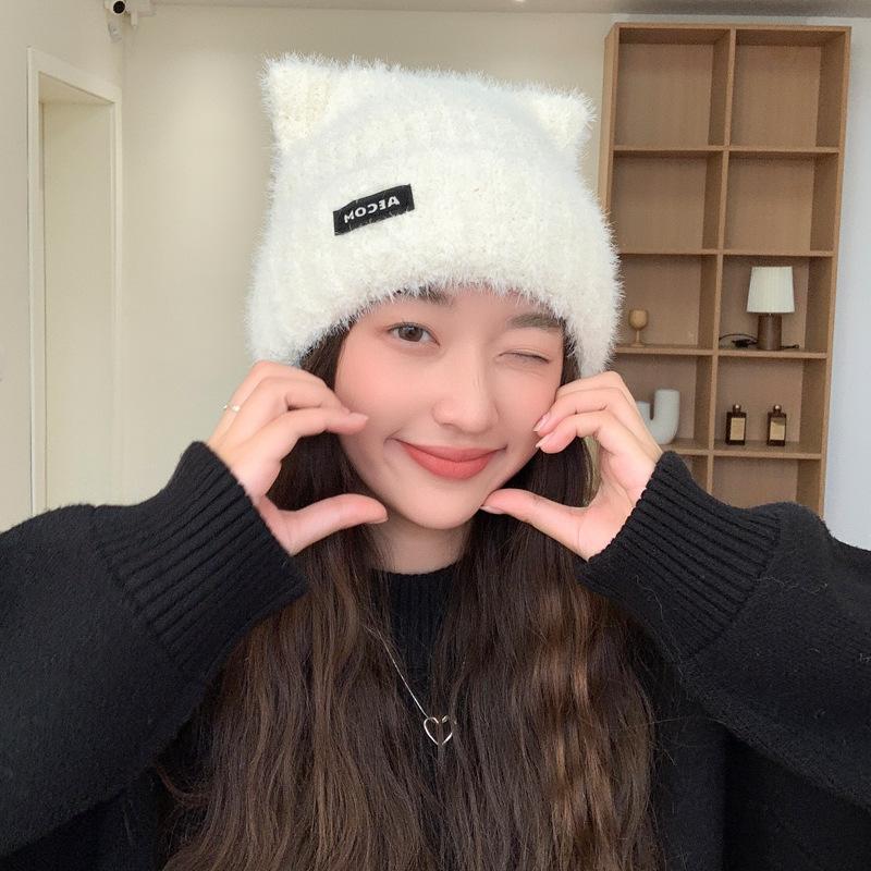 New Cute Bear Ears Wool Hat Women'S Winter Warm Knitted Hat Solid Color Versatile Cold Protection Ear Protection Pullover Hat