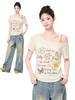 Super Good-looking Graffiti Letter Printing Slanted Shoulder Fake Two-piece Short-sleeved T-shirt Women's Summer New Off-the-shoulder Design Top