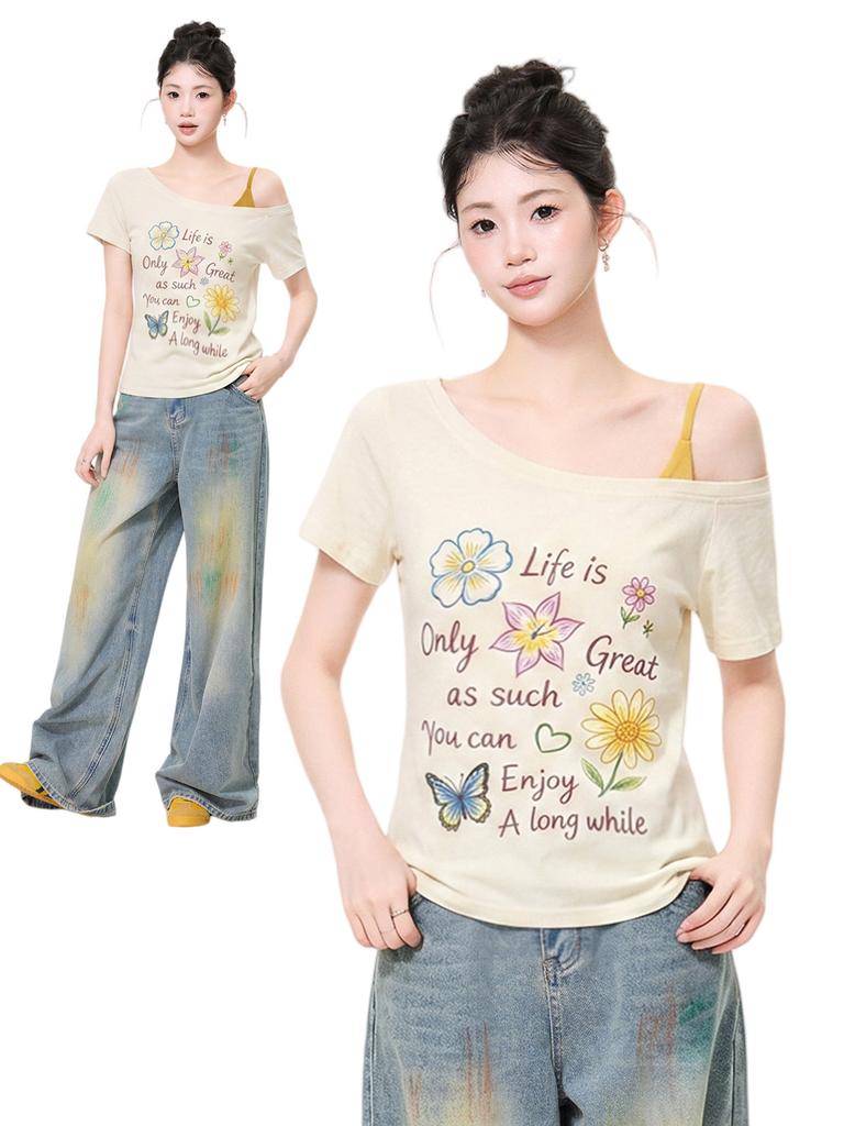 Super Good-looking Graffiti Letter Printing Slanted Shoulder Fake Two-piece Short-sleeved T-shirt Women's Summer New Off-the-shoulder Design Top