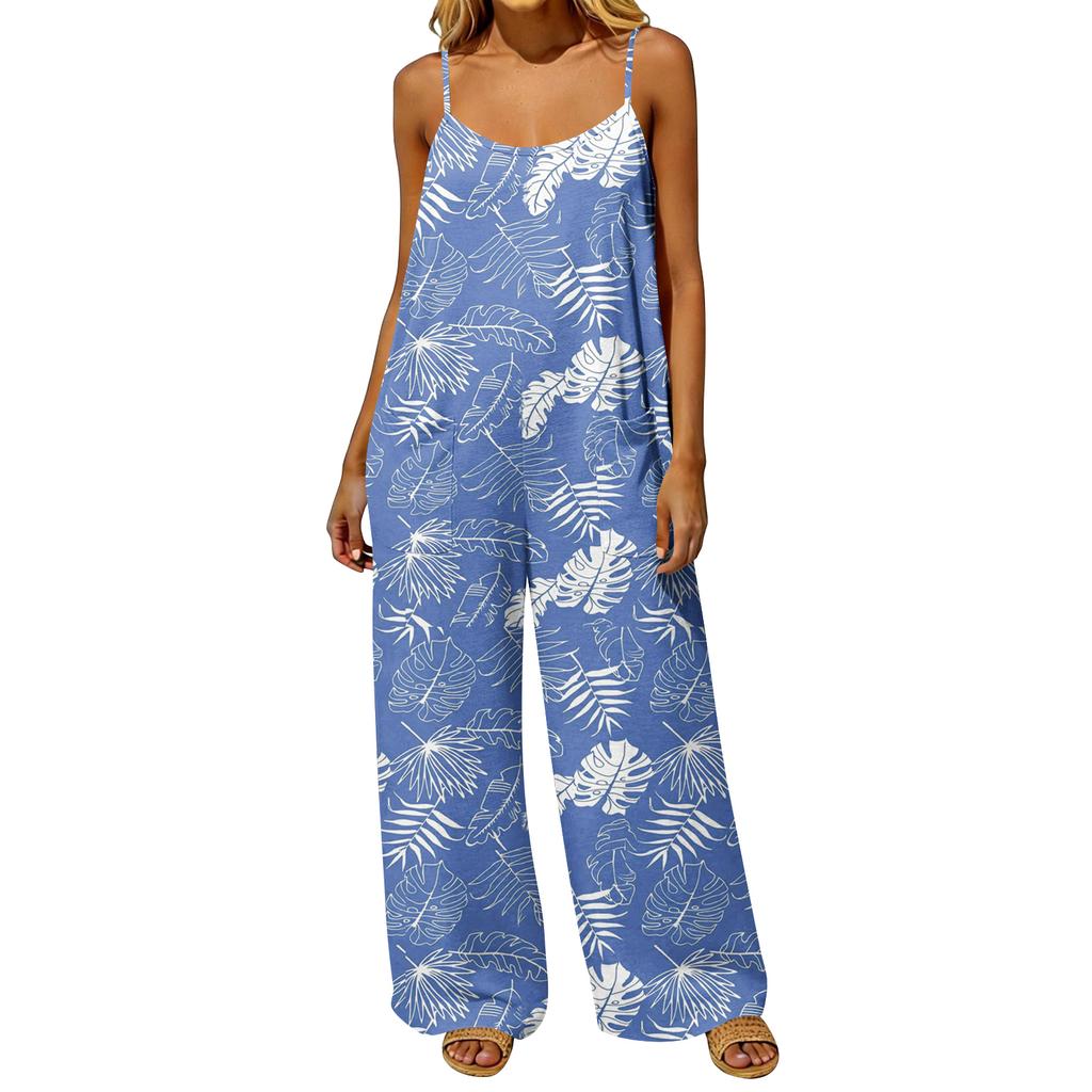 Women's Loose Fit Casual Jumpsuit Vintage Style Overalls Wide Leg Pocketed Sleeveless Backless Romper with Adjustable Straps