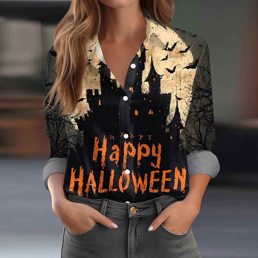 Women's Long Sleeve Casual Half Placket Shirt with Halloween Print for Fall Parties