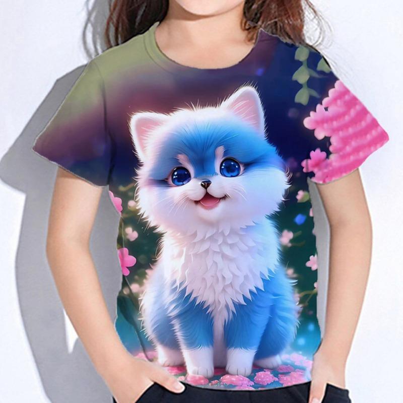 Detské Oblečenie Blúzka pre Dievčatá Kawaii Mačička Krátky Rukáv Tričko Potlač Chlapčenské Oblečenie Polyester Dievčenské Tričko Detské Tričko