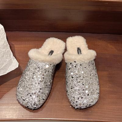 Fashion Women's Fashion Baotou Slippers Winter New Square Head Deep Mouth Glitter Soft Soles Anti-slip Wear-resistant Flat Shoes