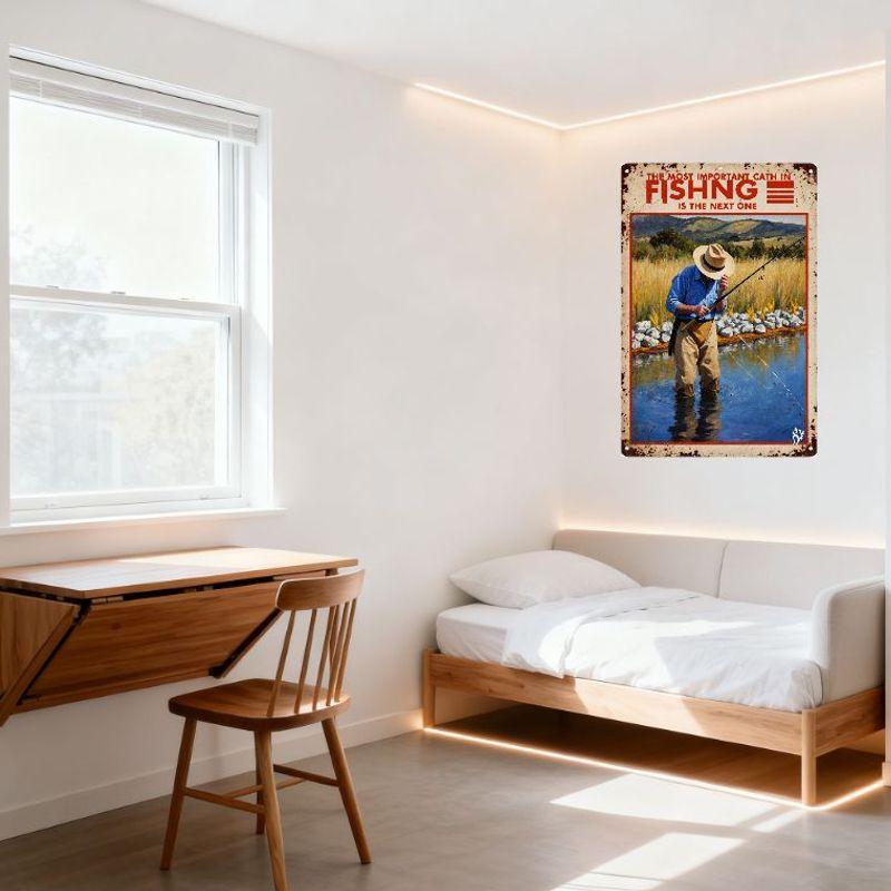 Vintage Metallschild Fliegenfischen mit Mann im Fluss - Rustikale verwitterte Metallwanddekoration für Angelbegeisterte, 8x12 Zoll