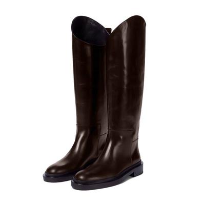 Piele de vacă Pantofi de toamnă de iarnă Cizme de călărie Vârf rotund Menține cald Decorații metalice Tocuri Med Cizme înalte pe coapsă