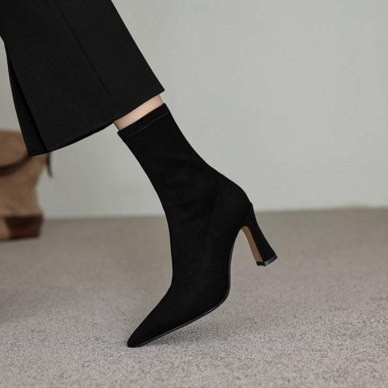 Autumn and winter stretch Martin boots solid color suede super high heel women's leather boots new round head versatile stiletto mid boots