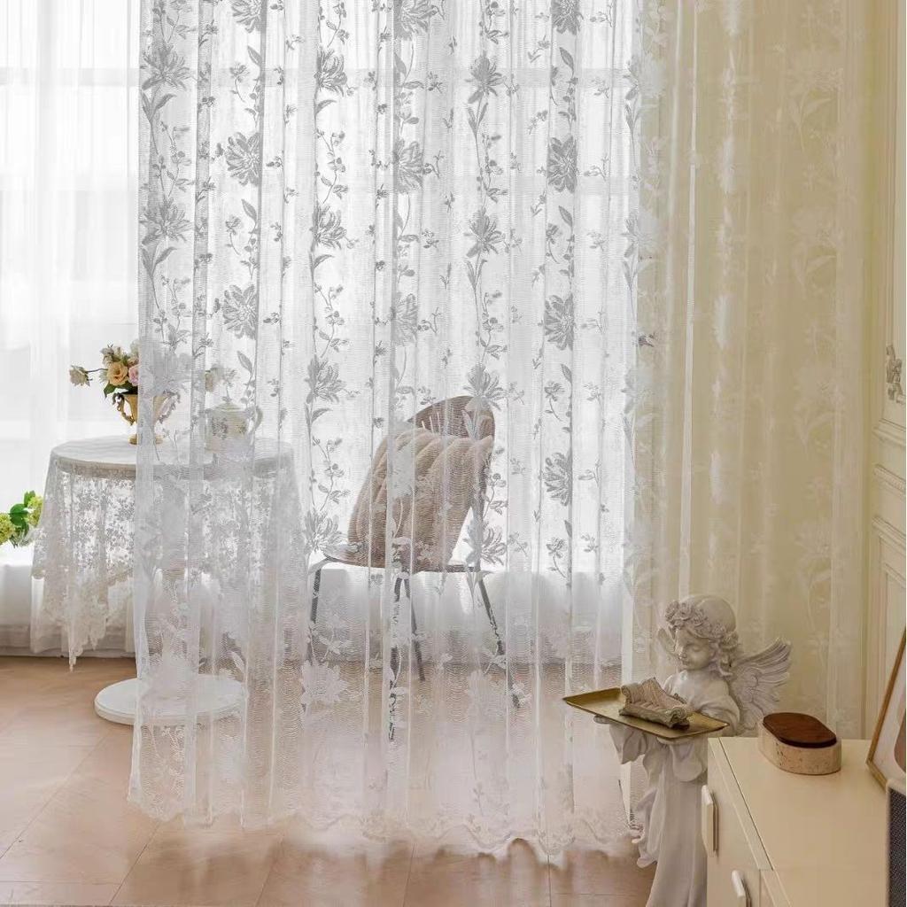 1pc Bohemian Sheer Lace Yarn Curtain Panel with Floral Patterns – Elegant Rod Pocket Window Drapery for Living Room or Bedroom