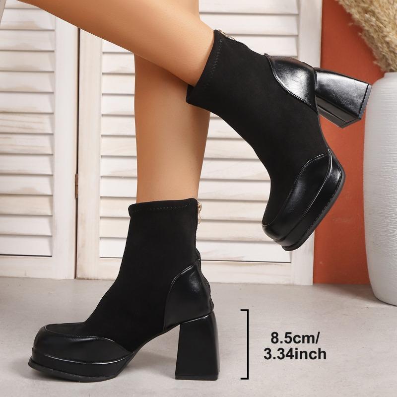 Fashion High Heels Women's Block Heel Booties 2025 New Autumn and Winter Plus Fleece Platform Stretch Skinny Boots Black