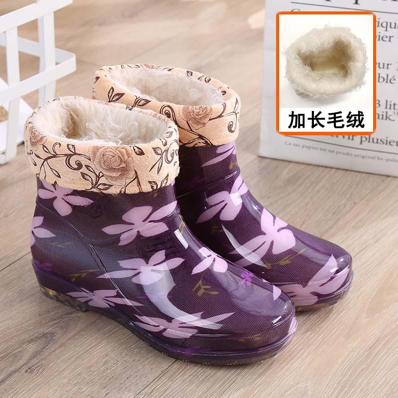 Fleece short rain shoes water shoes women wear waterproof rain boots non-slip shoes light car wash work water boots warm rubber shoes
