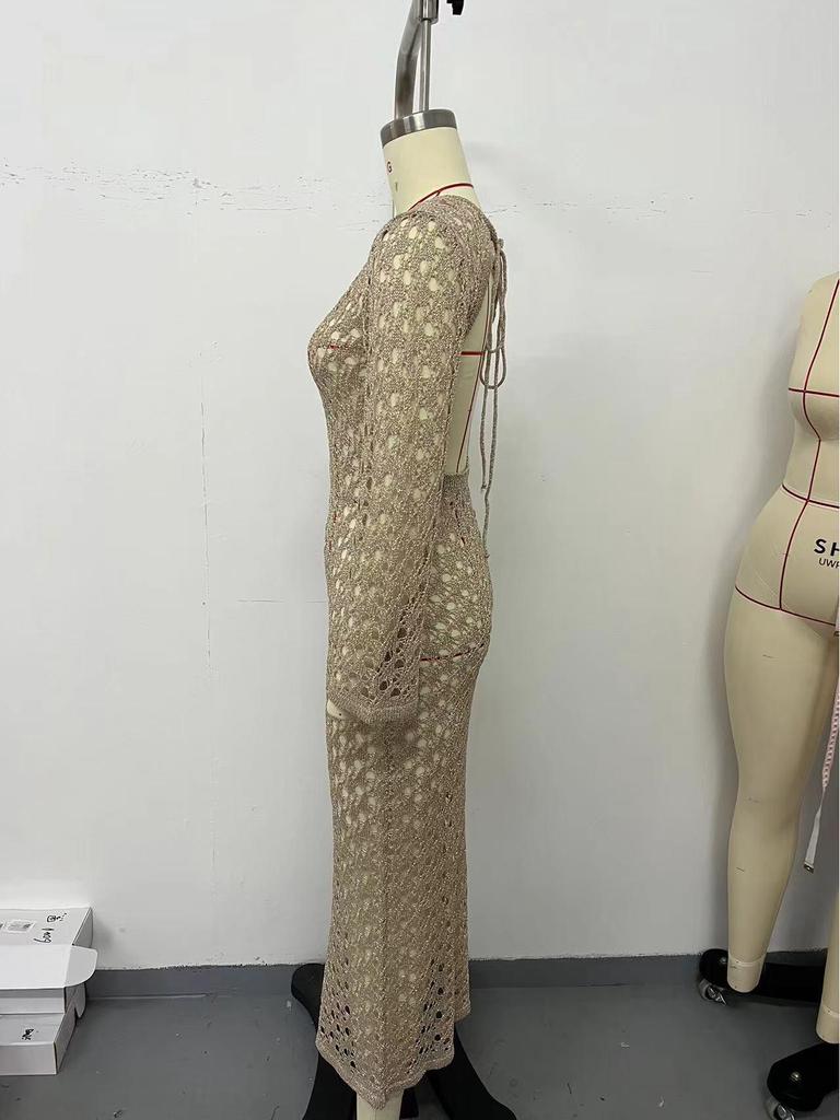 2024 Women's European & American Knitted Beach Dress: Hollow Out, Solid Color, Sexy Backless, Tie-Up, Long Sleeve Maxi Dress & Bikini Cover-Up