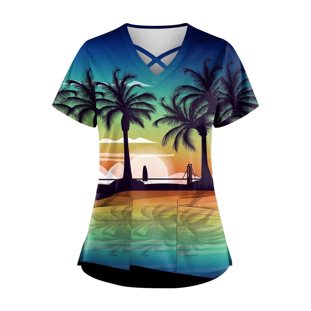 Women's Hawaii Printed Uniform Work Uniform V-Neck Pocket Protective Work Uniform