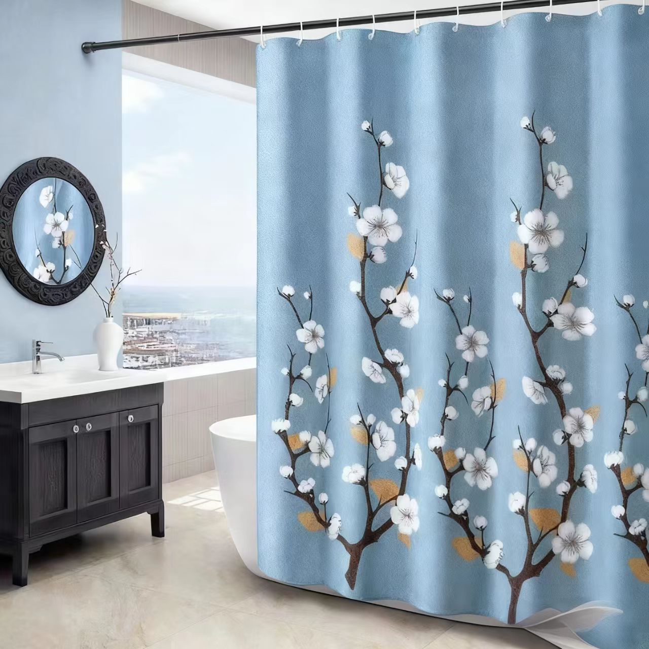 VIKAMA Blue Floral Print Shower Curtain White Camellia And Ginkgo Leaf Print Elegant Bathroom Wet-Dry Separation Curtain 90X180C(3X5.9FT)