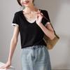 Color Blocking Fake Two Round Neck Short Sleeved T-shirt for Women In Summer 2026, Versatile and Slimming Casual Top
