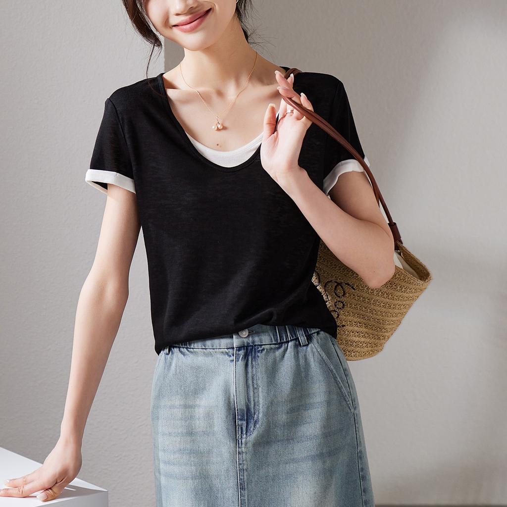 Color Blocking Fake Two Round Neck Short Sleeved T-shirt for Women In Summer 2026, Versatile and Slimming Casual Top