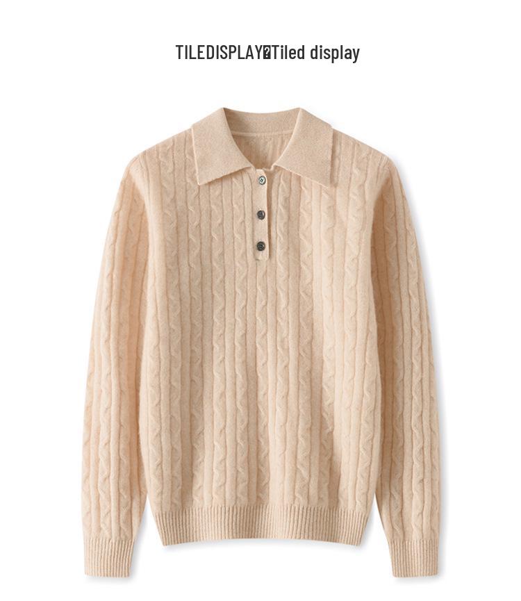 Women's Cashmere Cable Knit Polo Collar Pullover - Long Sleeve, Warm, Fashionable, Versatile Autumn/Winter Base Layer Top.