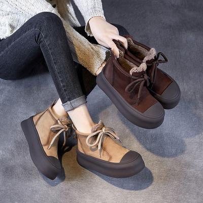 Genuine Leather Retro Plush Warm Women's Shoes Thick Sole Versatile Back Zipper Ankle Boots