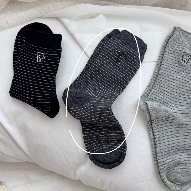 Little Dog Embroidered Striped Socks for Women, All-season School Style Versatile Mid-calf Socks